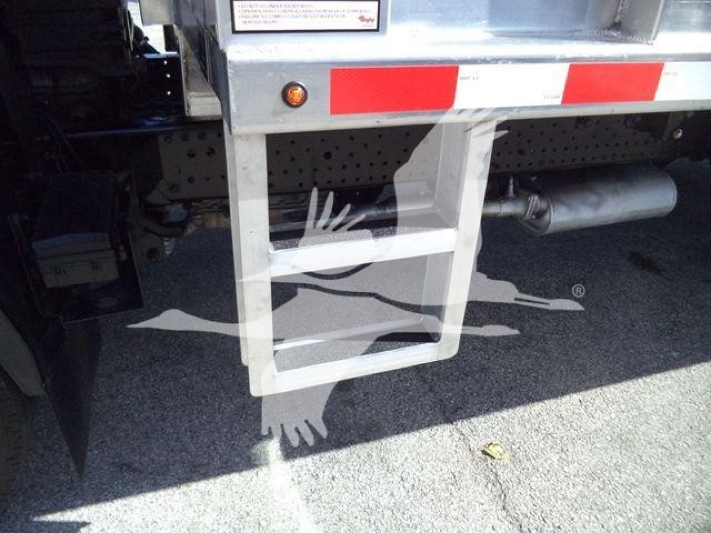 Isuzu NPR HD truck rear undercarriage showing steel step and exhaust, with reflected bird graphic watermark on image.