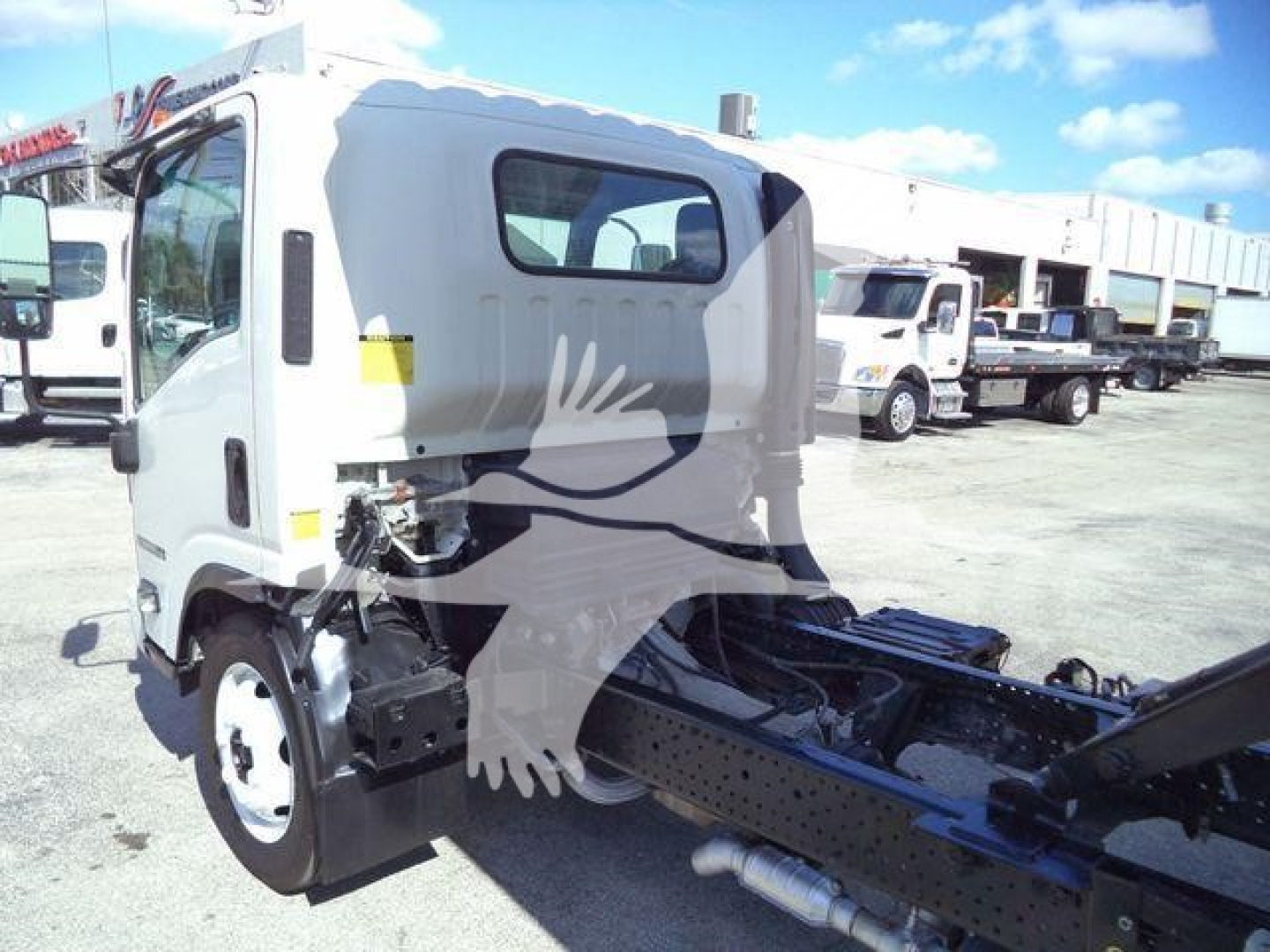 Isuzu NPR-HD truck cab and chassis viewed from side, front wheel visible, no engine cover; background shows dealership lot with other trucks.