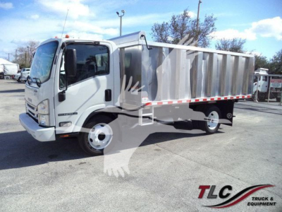 Isuzu NPR-HD dump truck in service view with white cab and large dump bed.