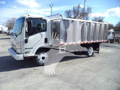 Isuzu NPR HD dump truck side view showing white cab and gray dump bed with red and white reflective striping along the side.