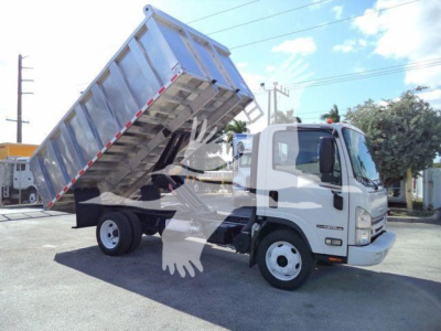 Isuzu NPR HD dump truck with raised bed showing stock number T04505FM.