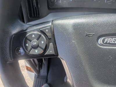 Steering wheel controls in a 2022 Freightliner Cascadia cab displaying directional pad with OK button and adjacent cruise control buttons.
