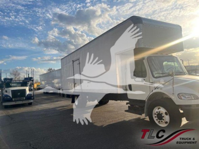 Freightliner M2 106 moving van truck with white cab and large cargo box, side view, CDL hinting logo watermark over image.