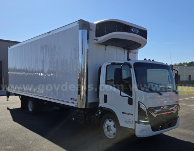Isuzu NPR box truck with a front refrigeration-style refrigeration unit on the cab and white box body, stock number 29174-74.