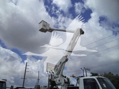 Altec L37M crane in aerial reach with bucket; front of truck cab visible; blue sky with clouds.