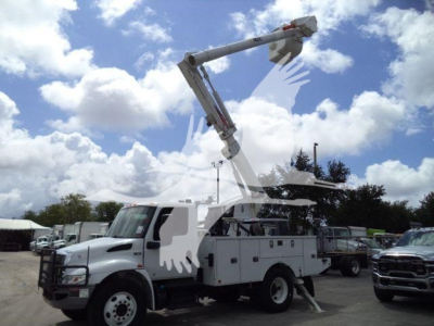 Altec L37M crane truck with elevated boom in service view showing hydraulic arm and bucket platform.