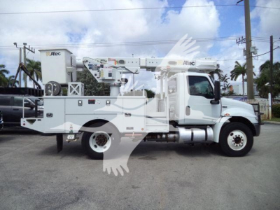 Altec L37M crane truck in service, side view with boom folded, Altec branding on body and crane components.