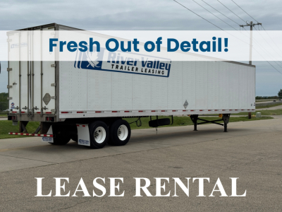 Trailer side view showing Fresh Out of Detail! LEASE RENTAL text on the image with a River Valley trailer leasing logo.
