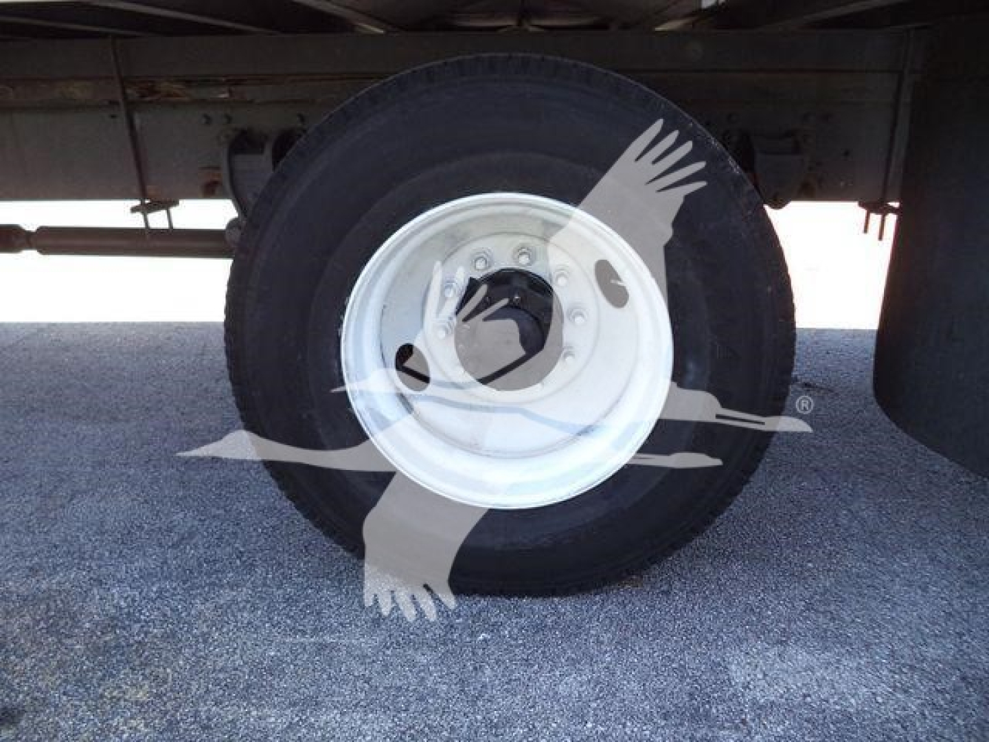 Wheel and tire assembly under a refrigerated truck showing white steel rim and black tire