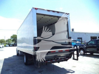 Rear view of a refrigerated 2019 Hino 268A box truck with open cargo area and liftgate, stock 26196RFM.