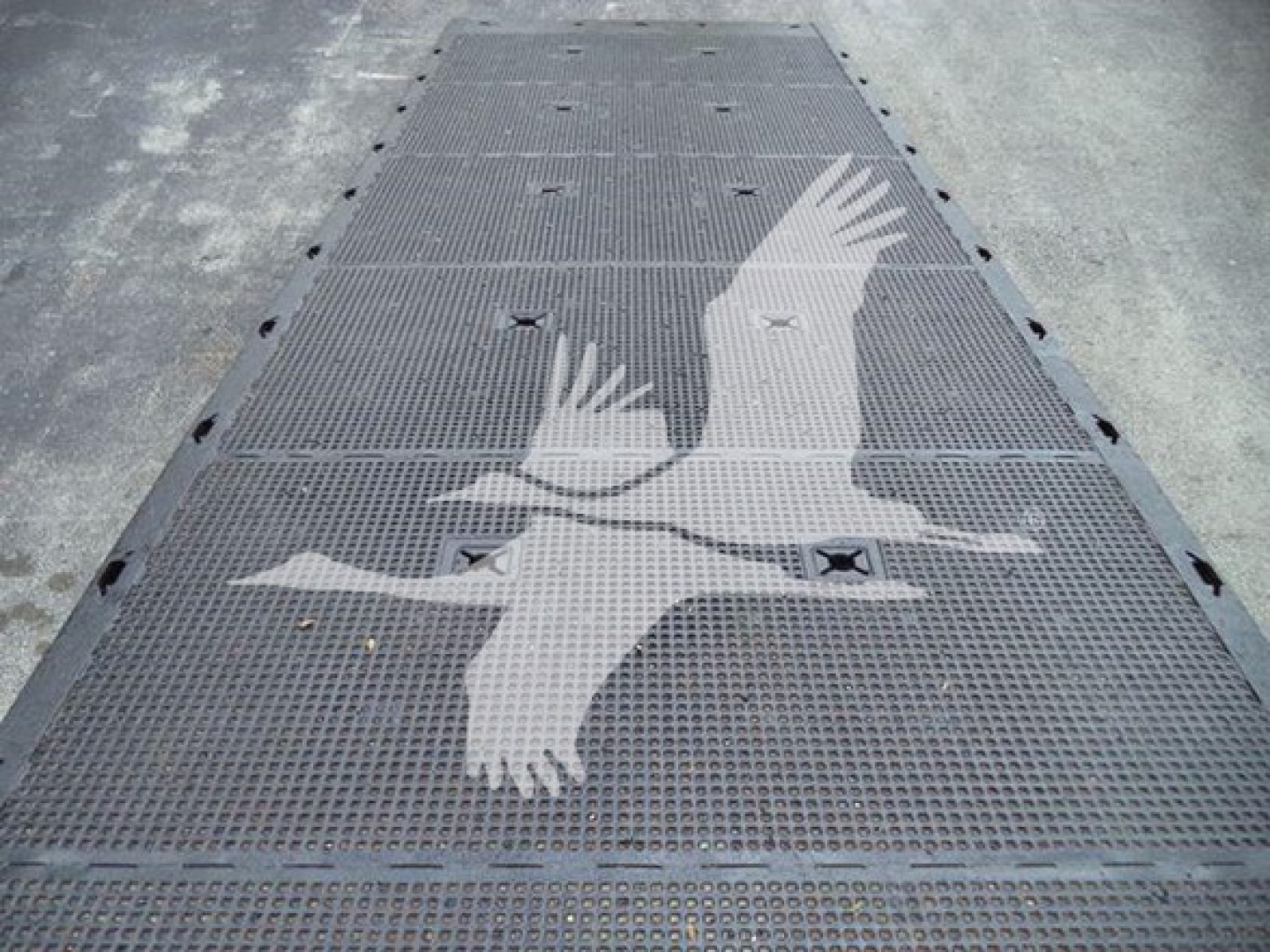 Trucker platform with perforated metal surface featuring a white silhouette eagle logo; no other equipment visible.