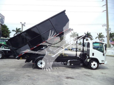 Isuzu NPR/NRR roll-off truck with dump bed raised, side view showing cab and chassis with white wheels.