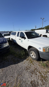 Dodge Dakota pickup truck with cap in a used lot, white body with '65' on front fender, blue sky, other vehicles nearby.