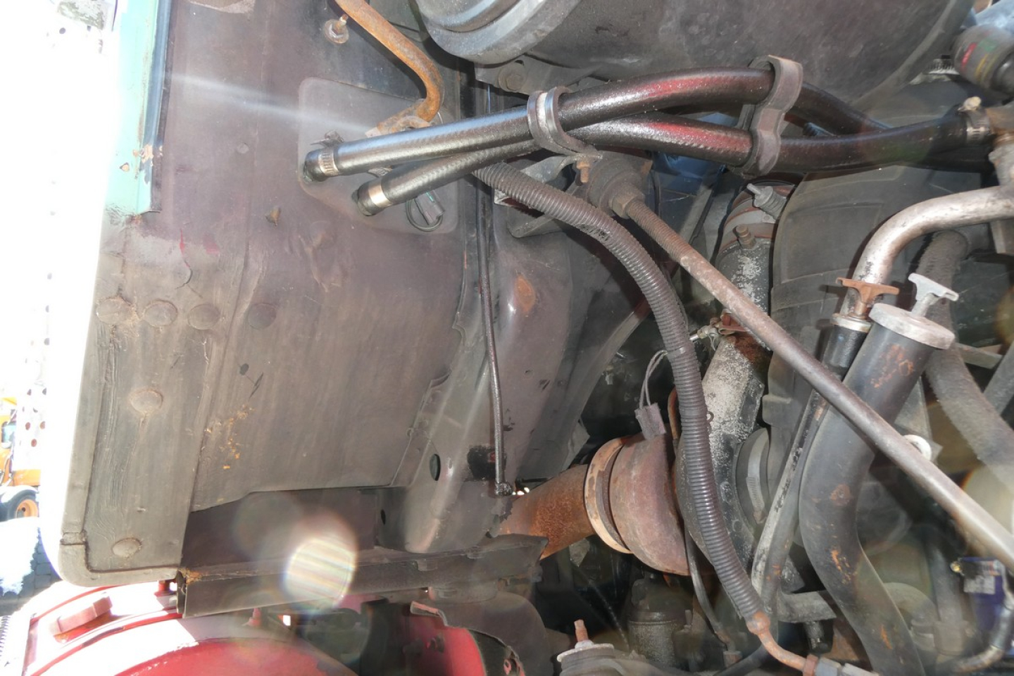 Intersection of engine bay showing hoses, tubes, and components beneath a vehicle front area.