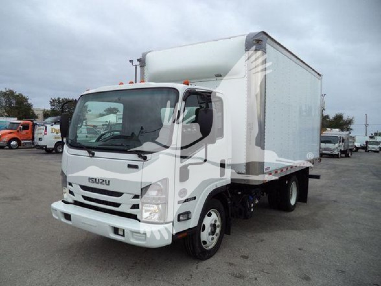 Isuzu NQR box truck in a dealership lot, front three-quarter view showing cargo box and cab. Vehicle branding not clearly legible.