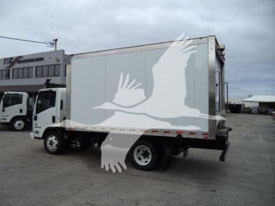 Isuzu box truck side view showing a large white cargo box mounted on a chassis with black undercarriage and white cab. Overlay graphic of a bird obscures interior details.