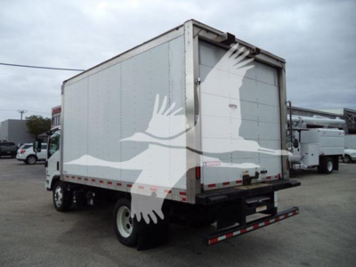 Isuzu NPR/NQR box truck rear and side view showing cargo area and rear bumper.