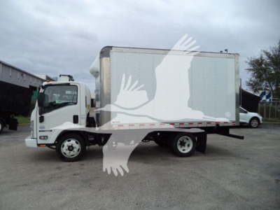 Isuzu NPR/NQR box truck side view showing cargo box and cab with white exterior and decals, VIN JALE5W161K7901724 where visible.
