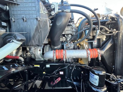 Engine bay of a Freightliner Cascadia 116 showing hoses, radiator, and auxiliary components in view.