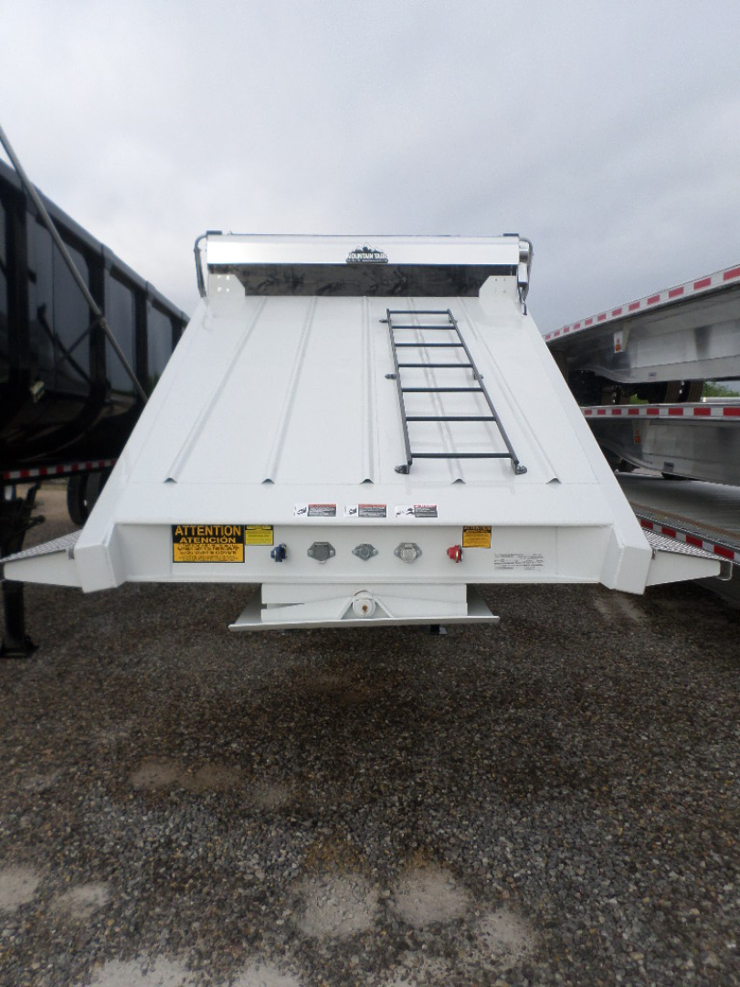 Rear view of a white dump trailer with a ladder and top rail, showing control panel and labels.