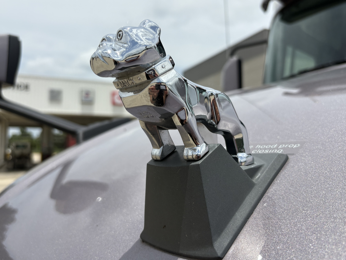 Mack AN64T70 hood ornament dog perched on hood with chrome finish and reflection