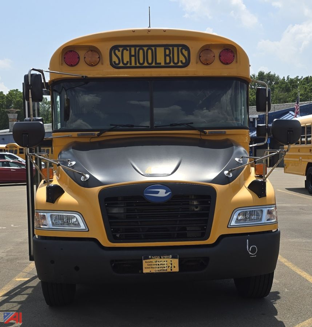 School bus front view showing yellow body, black grille, and 'SCHOOL BUS' sign on top. Blue Bird logo on grille, dual headlights, mirrors, and license plate area visible.