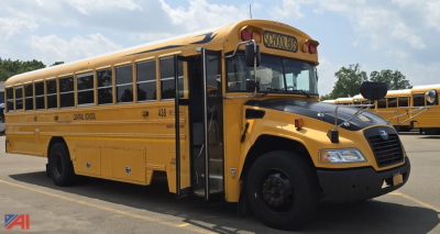 Yellow 2017 Blue Bird Vision school bus side view with front cab and stop sign area