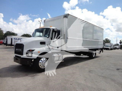 Box truck in white Mack MD6 model showing front and passenger side with cargo box, no visible text.