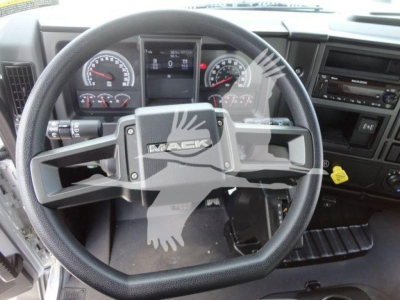 Mack MD6 dash and steering wheel showing instrument cluster and Mack logo on steering wheel.