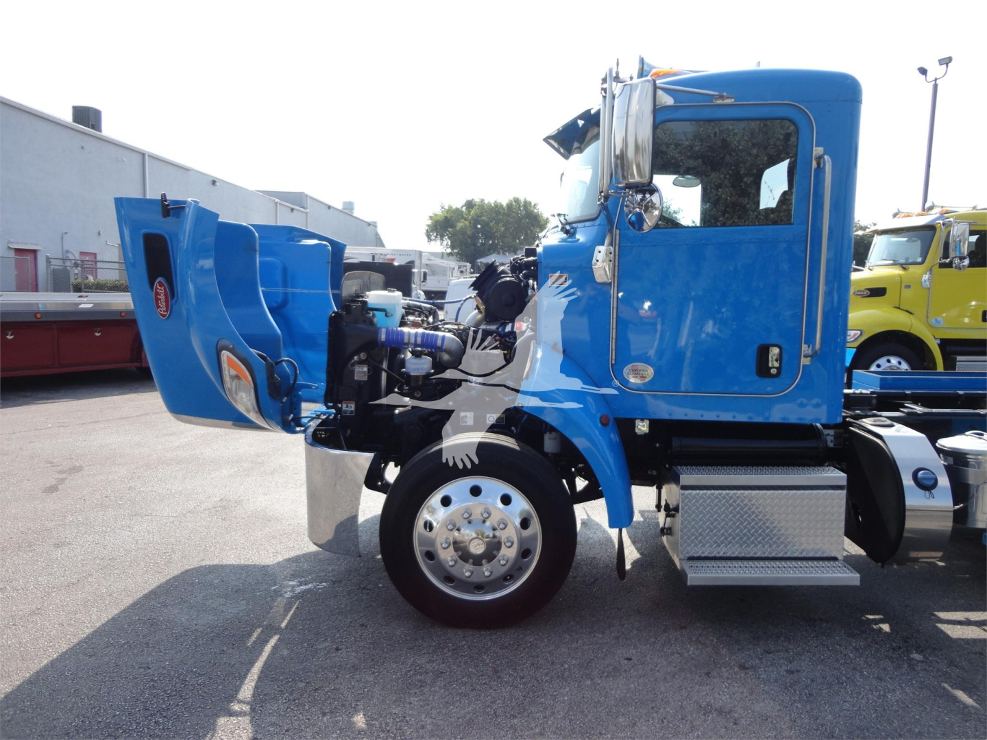 Tractor truck front half showing blue Peterbilt cab with hood open and engine exposed, chrome wheels, and metal steps.