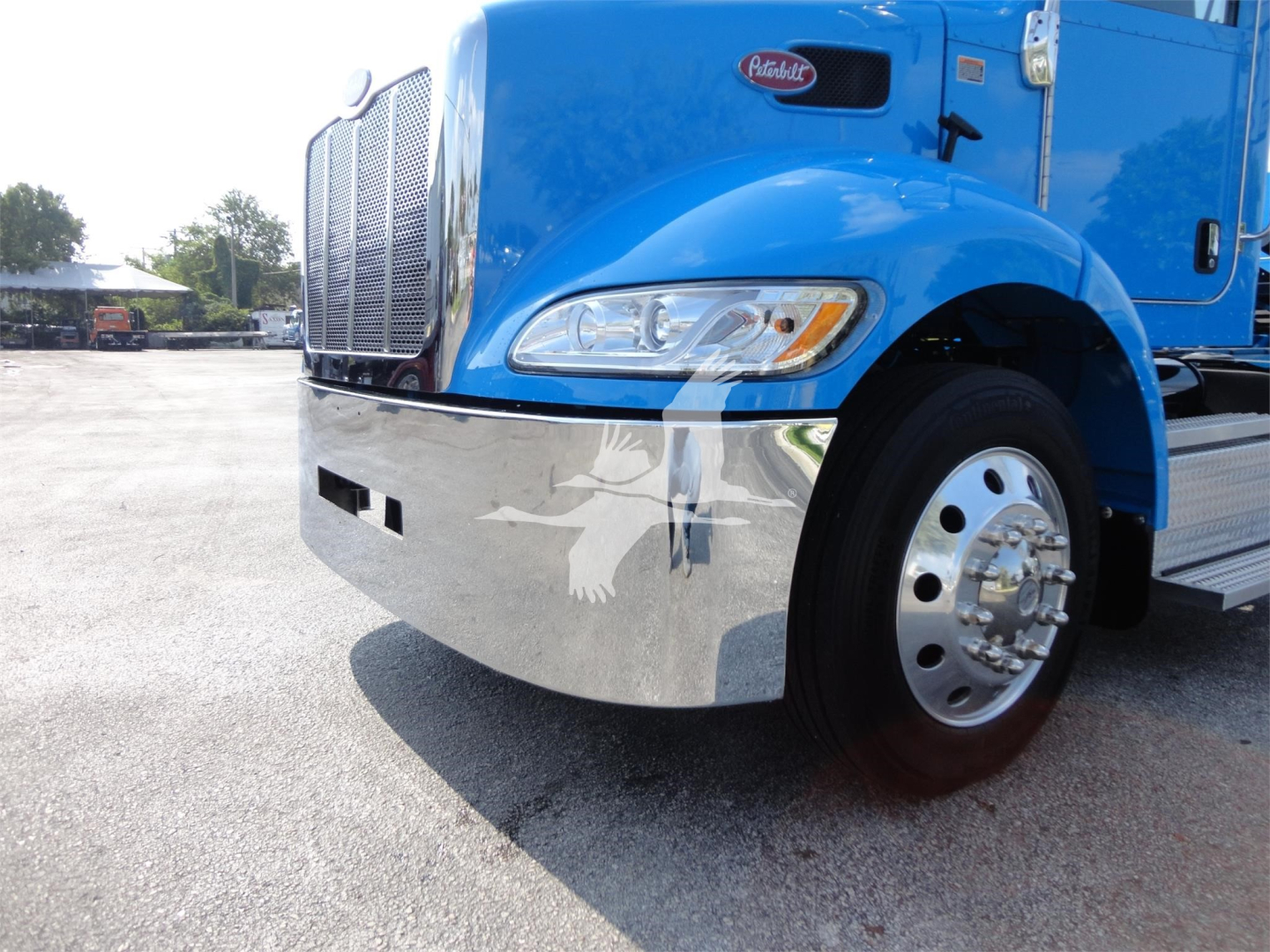 Peterbilt 337 truck front quarter showing blue cab and chrome bumper with headlight and wheel