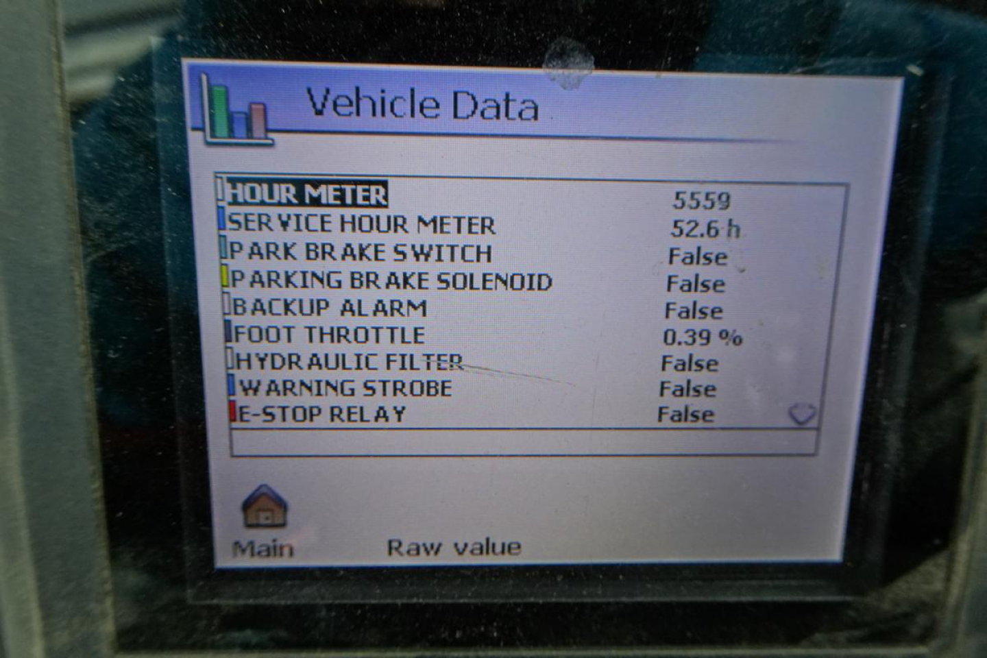 Vehicle data display showing hour meter 5559 hours, service hour meter 52.6 h, parking brake switch False, parking brake solenoid False, backup alarm False, foot throttle 0.39%, hydraulic filter False, warning strobe False, E-stop relay Fal