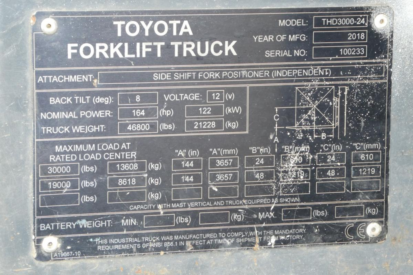 Toyota forklift truck data plate showing model THD3000-24 with weight, power, and load specs