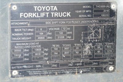 Toyota forklift truck data plate showing model THD3000-24 with weight, power, and load specs