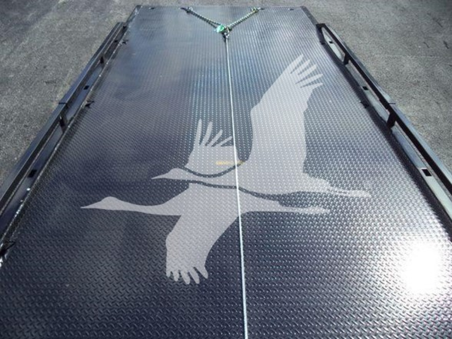 Truck bed or platform with a large white bird (eagle) design on a diamond plate surface; chains and hooks at top edge.