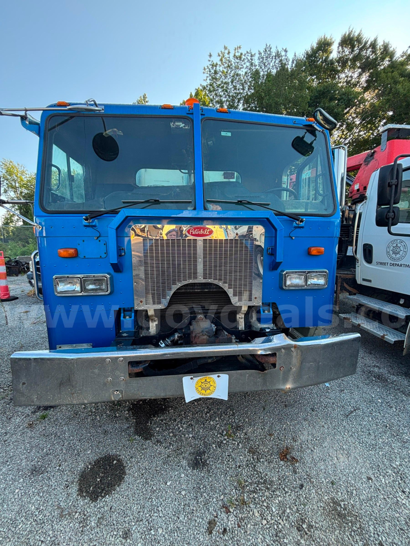 Truck front view showing large radiator grille, headlights, and bumper of a blue 2010 Peterbilt COE truck.