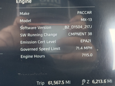 Vehicle dashboard showing Engine information: Make PACCAR, Model MX-13, Software Version B2_D1504_217J, SW Running Change CMPNMENT 38, Emission Cert Level EPA21, Governed Speed Limit 71.4 MPH, Engine Hours 7115.0, Trip 61,567.5 MI, Odometer
