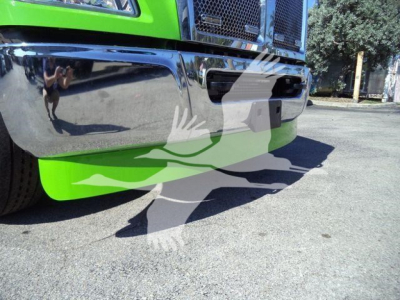 Kenworth T280 rollback truck front bumper and lower grille; bright green cab; reflection on chrome bumper