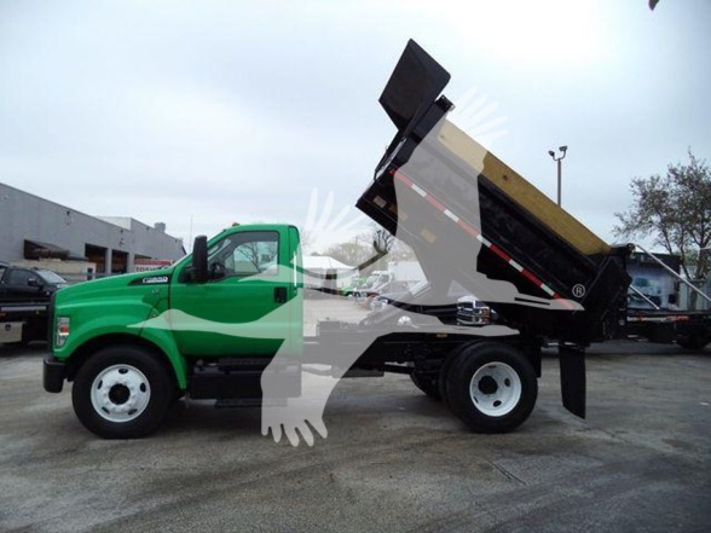2017 Ford F650 dump truck with green cab and raised dump bed, side view showing front wheel, drivetrain, and hydraulic system.