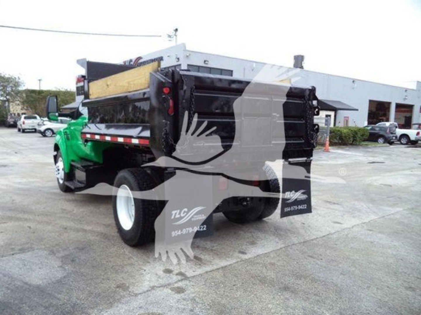 2017 Ford F650 SD with dump bed viewed from rear-left, with green cab and black dump body; visible decals and street scene in background.