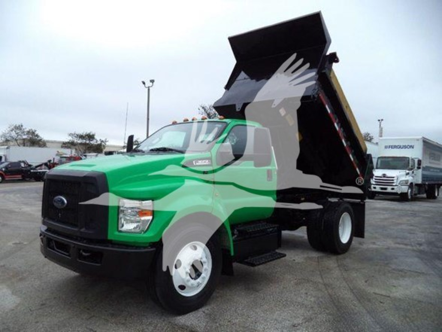 Green Ford F-650 dump truck with raised bed and black dump box, front view in a dealership lot.