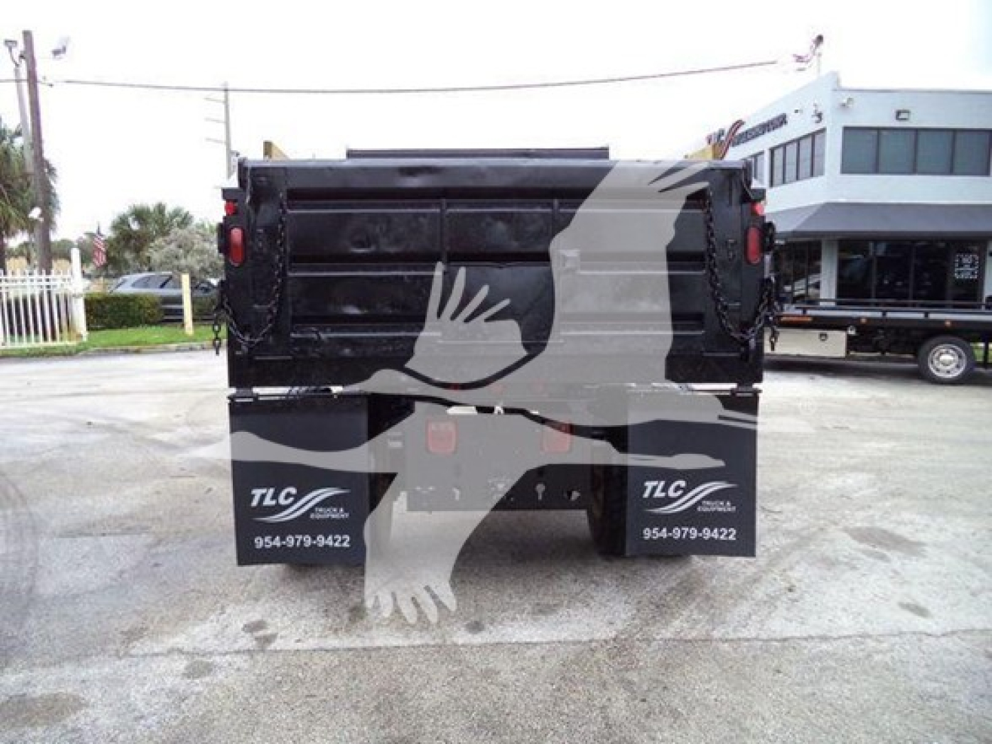 Dump truck bed rear view showing black dump body with TLC logos on mud flaps and contact numbers; license area blocked; rear hydraulic components partially visible.