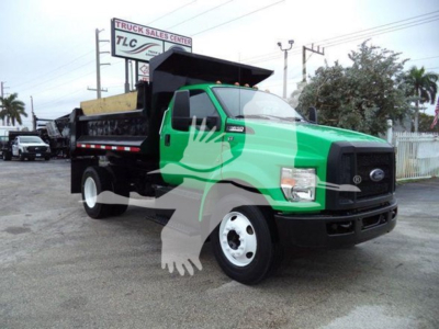 Ford F-650 dump truck in green and black color with a dump bed, front grille, and logo visible.