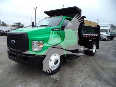 Ford F-Series dump truck in green with black dump body, front view showing cab and dual rear wheels.