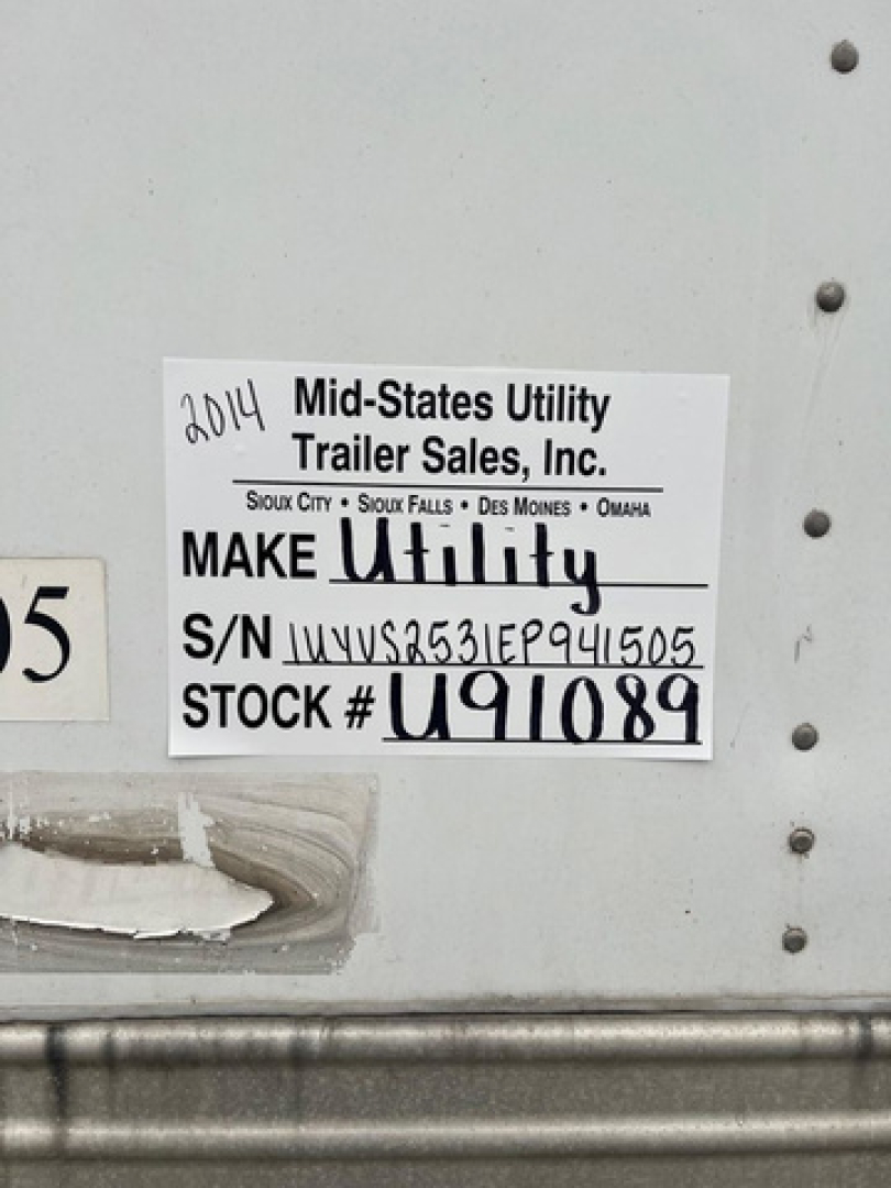 Trailer side with white label reading 'Mid-States Utility Trailer Sales, Inc.' showing S/N UYVS2531EP941505 and STOCK U91089.