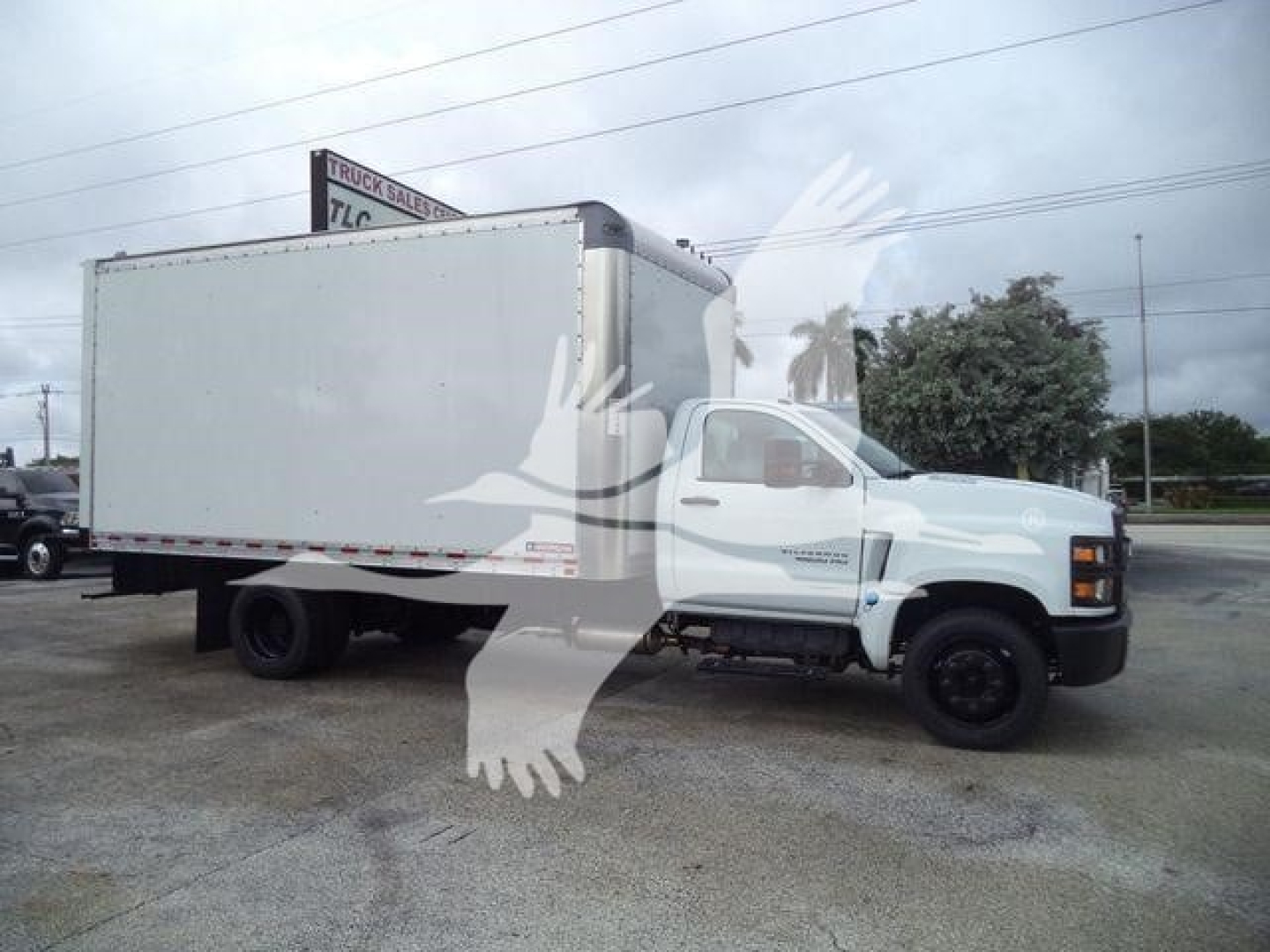 Truck side view showing 2023 Chevrolet Silverado 6500HD with large box body, cab-front, white exterior, in a dealership lot.