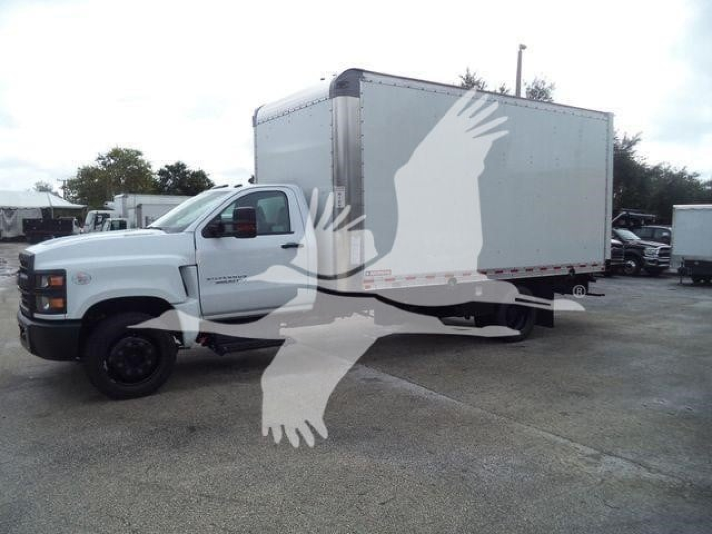 Chevrolet Silverado 6500HD box truck in service bay showing cab and box with stock number 6500BOXFM.