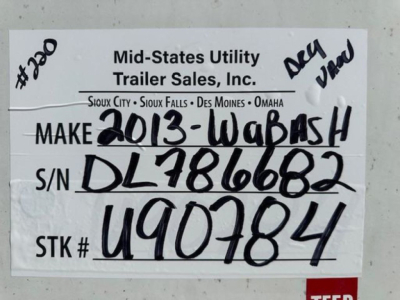Trailer tag showing Make 2013-WABASH, S/N DL7816682, STK # U90784, Mid-States Utility Trailer Sales, Inc. listing information.