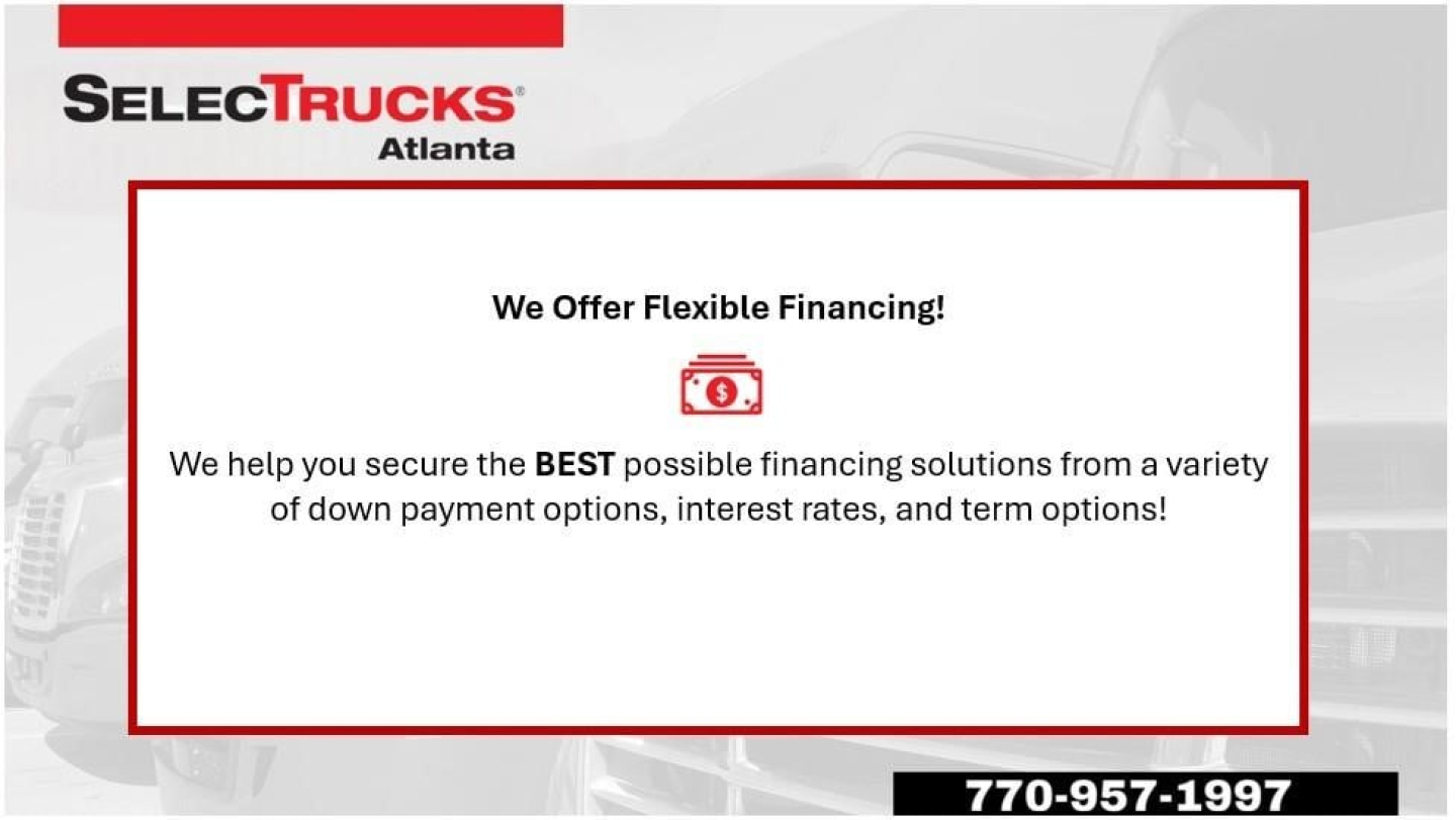 Freightliner Cascadia 126 listing card with SelcTrucks Atlanta branding and financing banner.