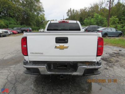 Chevrolet Colorado pickup truck tailgate with bowtie emblem and 'Colorado' badge, rear view in a parking lot.